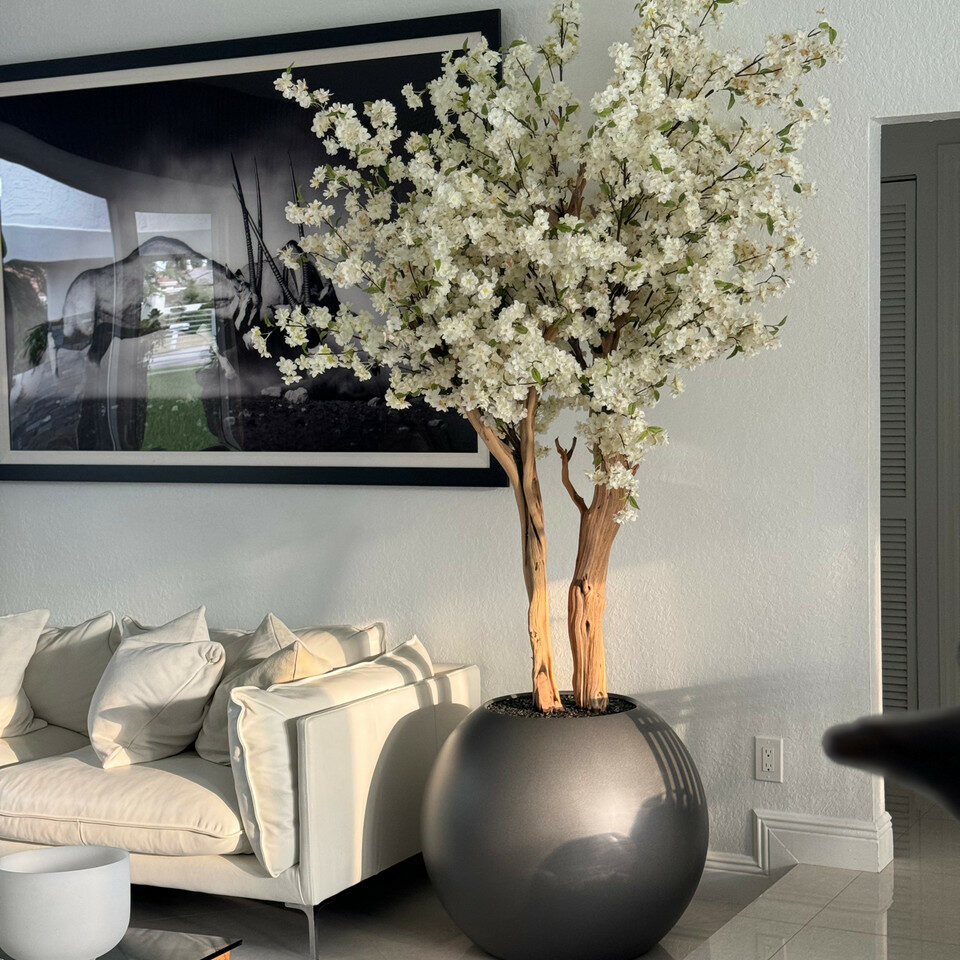 Matte Gun Metal Globe with Custom Made Cherry Blossom Tree